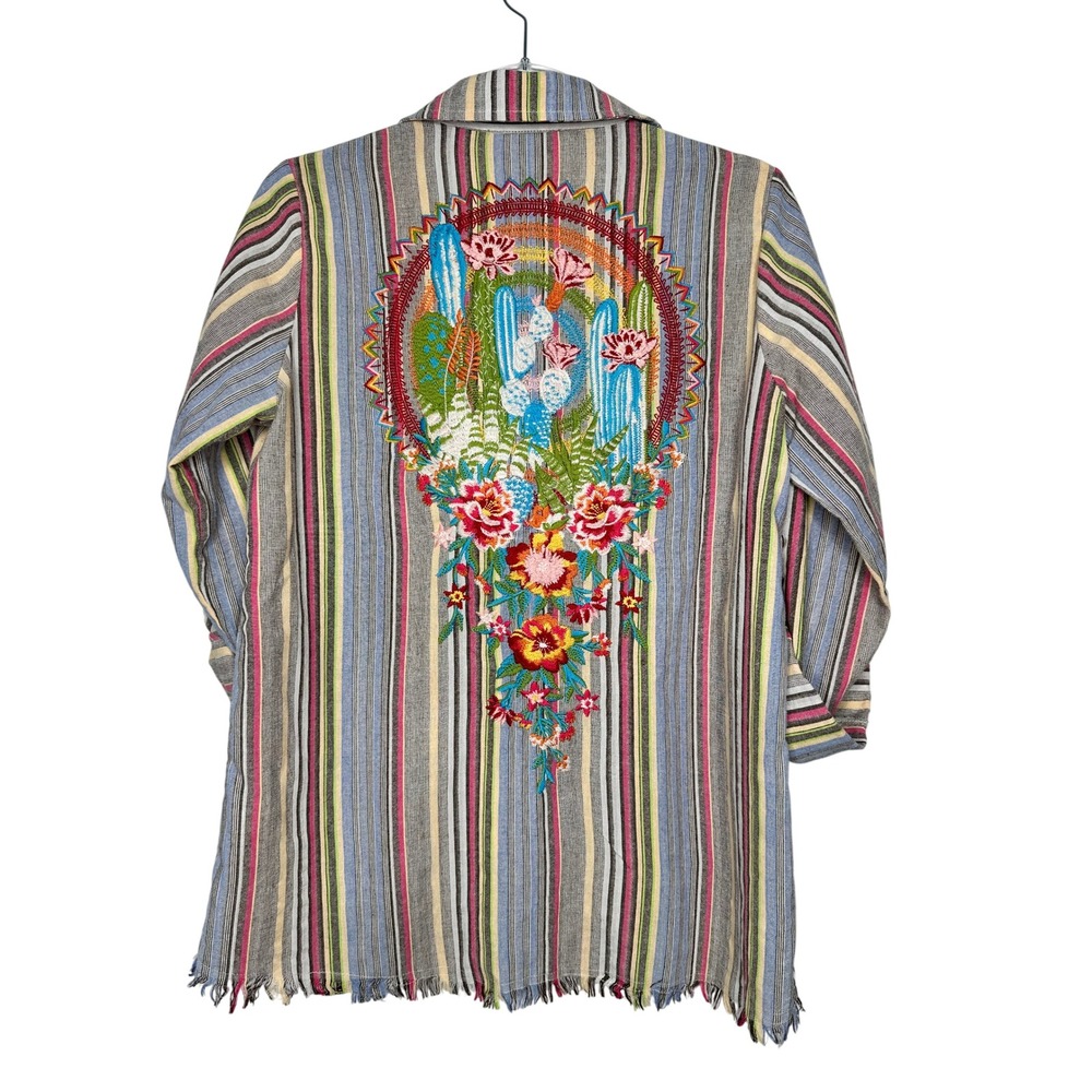 Savanna Jane Button Down Shirt Small Stripe Embroidered Floral Cactus Frayed Hem
